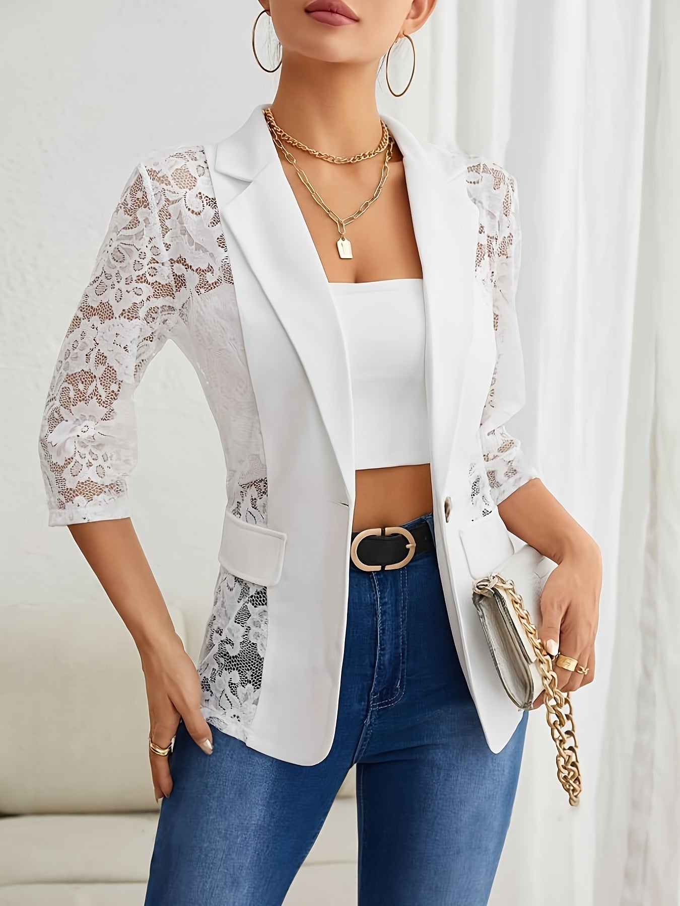 Elegant Women's Blazer - Sheer Lace, Open Front, 3/4 Sleeve, Polyester, Machine Washable